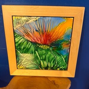 Vintage Ceramic Tropical Bird of Paradise Hand Glazed & Framed Tile/Trivet